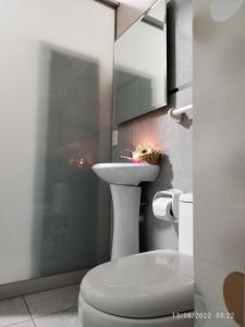 a bathroom with a sink and a toilet and a mirror at Casa CORAZON DE LEÓN AQP in Arequipa