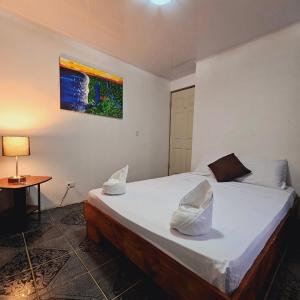 een slaapkamer met een bed en een schilderij aan de muur bij Micheck beach house in Tortuguero