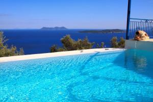 a dog is sitting next to a swimming pool at Villa Careva - Beautiful Cozy and Luxury Villa in Sivota +78 photos