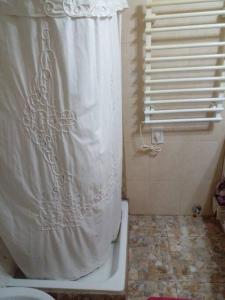 a bathroom with a shower curtain and a toilet at Casa de Lago y Montaña in El Calafate