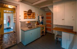 eine Küche mit blauen Schränken und einem Waschbecken in der Unterkunft 4 Bedroom Lovely Home In Kvinesdal in Fossdal