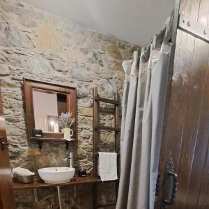 a stone bathroom with a sink and a shower curtain at Vasiliki Guest House in Pedoulas