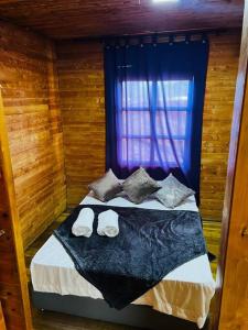 1 dormitorio con cama con almohadas y ventana en Casa madera, en Jardín