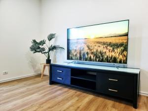 uma sala de estar com uma televisão de ecrã plano numa cómoda em Rosie House-Spacious comfortable Home em Melbourne