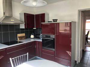 科爾馬的住宿－Appartement l'œil de Colmar，厨房配有红色橱柜和烤箱