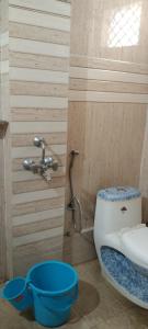 uma casa de banho com um WC, um lavatório e um chuveiro em Peaceful Home Stay em Khajurāho