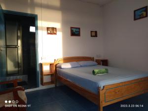 ein Schlafzimmer mit einem Bett mit einem grünen Kissen darauf in der Unterkunft La Terrasse in Rodrigues Island