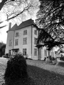 une photo en noir et blanc d'une grande maison dans l'établissement Bed and Breakfast Le Château de Morey, à Morey