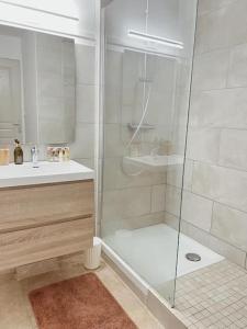 ein Bad mit einer Glasdusche und einem Waschbecken in der Unterkunft L'appartement du bonheur l Saint-Gilles les Bains in Grand Fond
