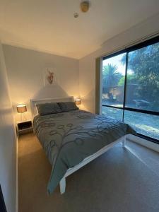 1 dormitorio con cama grande y ventana grande en Cosy Cottage in Geraldton - "Moresby Rest", en Bluff Point