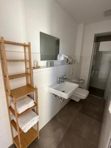 a bathroom with a sink and a toilet and a shelf at Urlaubshaus-Erzgebirge in Zwönitz