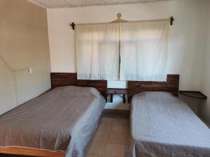 two beds in a small room with a window at Azomalli in Tepoztlán