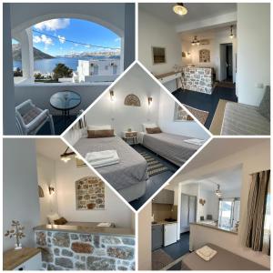 a collage of four pictures of a hotel room at Elenis Studios&Apartments in Masouri