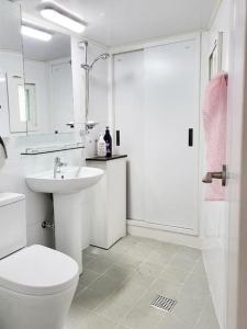 La salle de bains blanche est pourvue de toilettes et d'un lavabo. dans l'établissement Sam House 2 Seochon, à Séoul