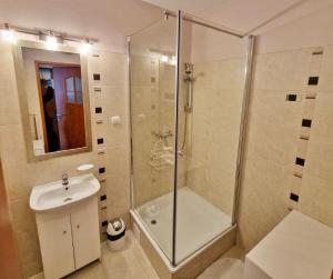 a bathroom with a shower and a sink at Plac Słowiański - Sweet House in Świnoujście