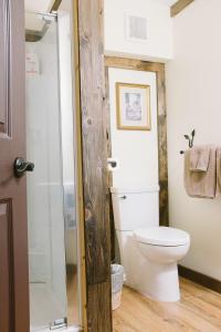 a bathroom with a toilet and a shower at Arctic Divide Lodge in Dease Lake +32 photos