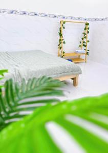 een slaapkamer met een bed en een stoel en een plant bij Suri's Homestay in Quy Nhon