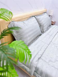 クイニョンにあるSuri's Homestayの植物の横に白いシーツと枕が付いたベッド