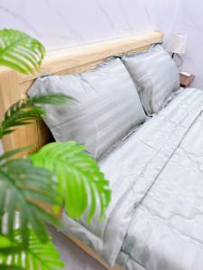 a bed with white sheets and pillows next to a plant at Suri's Homestay in Quy Nhon