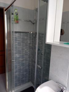 a glass shower in a bathroom with a toilet at Casa del Cedro - Cedar House in Lecco