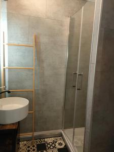 uma casa de banho com um chuveiro e um lavatório. em La Cabane de Thau Location Cure ou Vacances à Balaruc les Bains em Balaruc-les-Bains