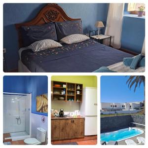 a collage of three pictures of a bedroom and a bed at Casona La Orilla 1908 Tías in Tías +30 photos