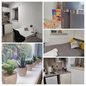 a collage of photos of a kitchen and a room at Theatre House Apartment 13 in Coventry