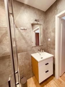 y baño con lavabo y ducha. en Apartament na Okrzei, en Sandomierz