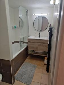 een badkamer met een douche, een wastafel en een spiegel bij Boost Your Immo Six Fours Les Plages Le Rouveau 875 in Six-Fours-les-Plages