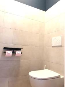 a bathroom with a white toilet and pink towels at Cosy Apartement near Geneva in Saint-Julien-en-Genevois +16 photos
