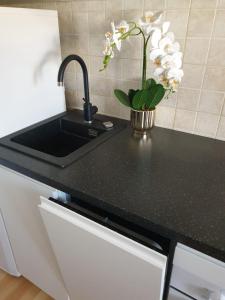a kitchen counter with a sink and a vase of flowers at Apartment Lorena in Split