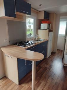 a kitchen with blue cabinets and a wooden counter top at Mobil-home Alsace in Biesheim