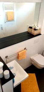 Łazienka z białą toaletą i umywalką w obiekcie Weingut u. Gästehaus Becker w mieście Platten