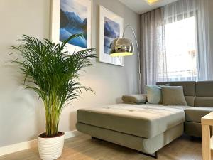 een woonkamer met een bank en een plant bij 2 sypialnie + salon nowe osiedle J. Kazimierza in Warschau