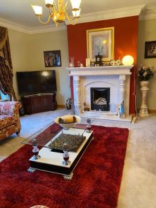 sala de estar con chimenea y mesa en Mayrone House B&B, en Donegal