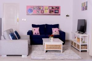 Johannesburg的住宿－The African Element，客厅配有蓝色的沙发和电视