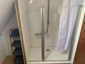 a shower with a glass door in a bathroom at Über den Dächern der Stadt in Bremervörde