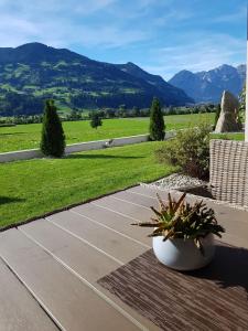 une passerelle avec deux plantes en pot et un champ dans l'établissement Ferienwohnung Melanie, à Hart im Zillertal