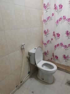 a bathroom with a toilet and a shower curtain at شقه مفروشة الجبيهه in Amman