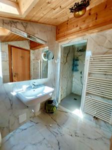 uma casa de banho com um lavatório branco e um chuveiro em Rifugio Palafavera em Val di Zoldo