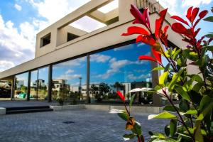a building with glass windows and a red flower at LAKESIDE Apartements in Zwenkau