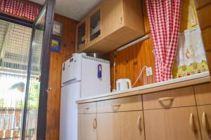 a kitchen with a white refrigerator and wooden cabinets at Romantic Cottage In Real Nature in Radeče