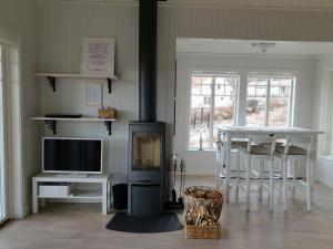 ein Wohnzimmer mit einem Kamin, einem Tisch und einem TV in der Unterkunft Sjöutsikten in Gränna