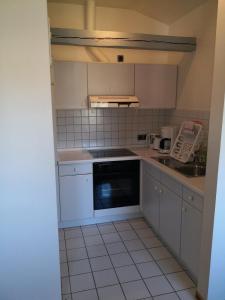 a kitchen with a sink and a stove top oven at Kleene Helene in Wulfen auf Fehmarn