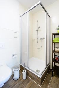 a white bathroom with a shower and a toilet at Breisach City-Appartements in Breisach am Rhein