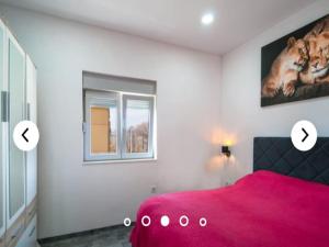 a bedroom with a red bed and a window at Apartments Andrea in Solin +41 photos