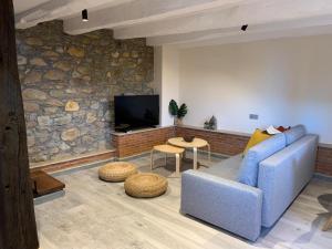 sala de estar con sofá azul y pared de piedra en Casa Rural Vivienda Vacacional L´Curuxa Complejo CaleaCabo, en Biescas