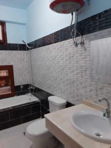 uma casa de banho com um lavatório, um WC e uma banheira em Nile Roof Hotel& Restaurant em Luxor