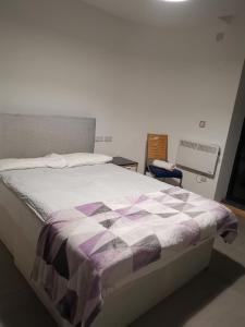 a bedroom with a bed with a purple and white comforter at Jadwin Beautiful Room Share toilet 2 people in London