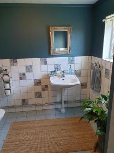 uma casa de banho com um lavatório e um espelho em Marsjö Gård Bo & Yoga vandrarhem em Borgholm